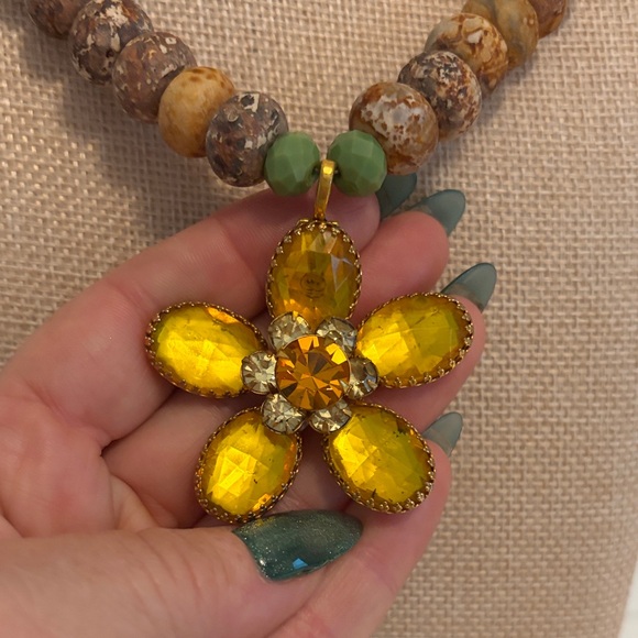 Jewelry - GORG Brown Stone Beaded Necklace with Yellow Gem stone Flower Pendant